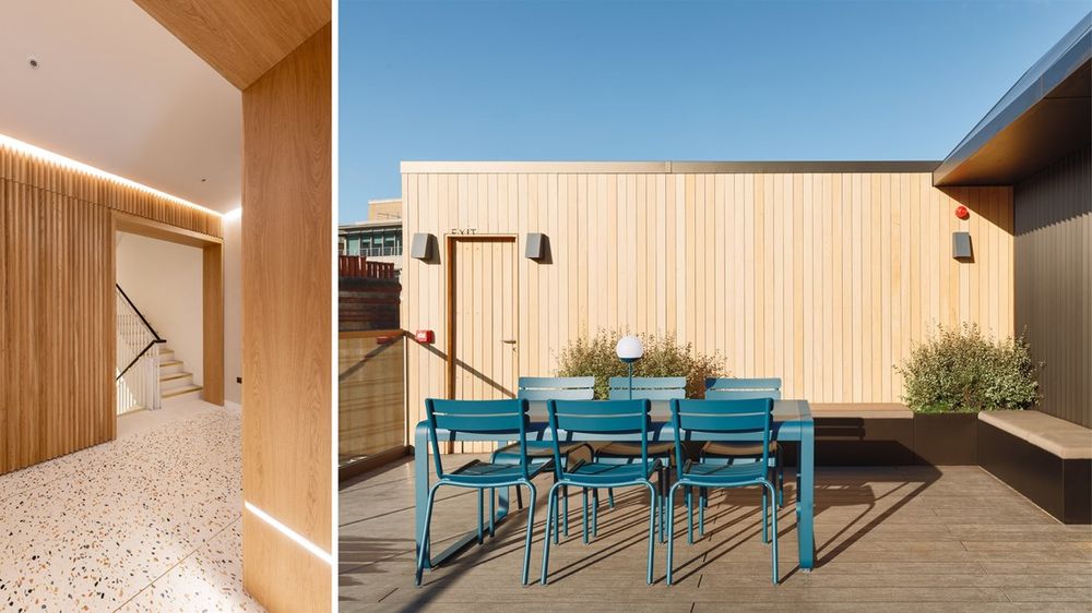 Luxurious Terrazzo and European Oak entrance and roof terrace at 14-16 Bruton Place